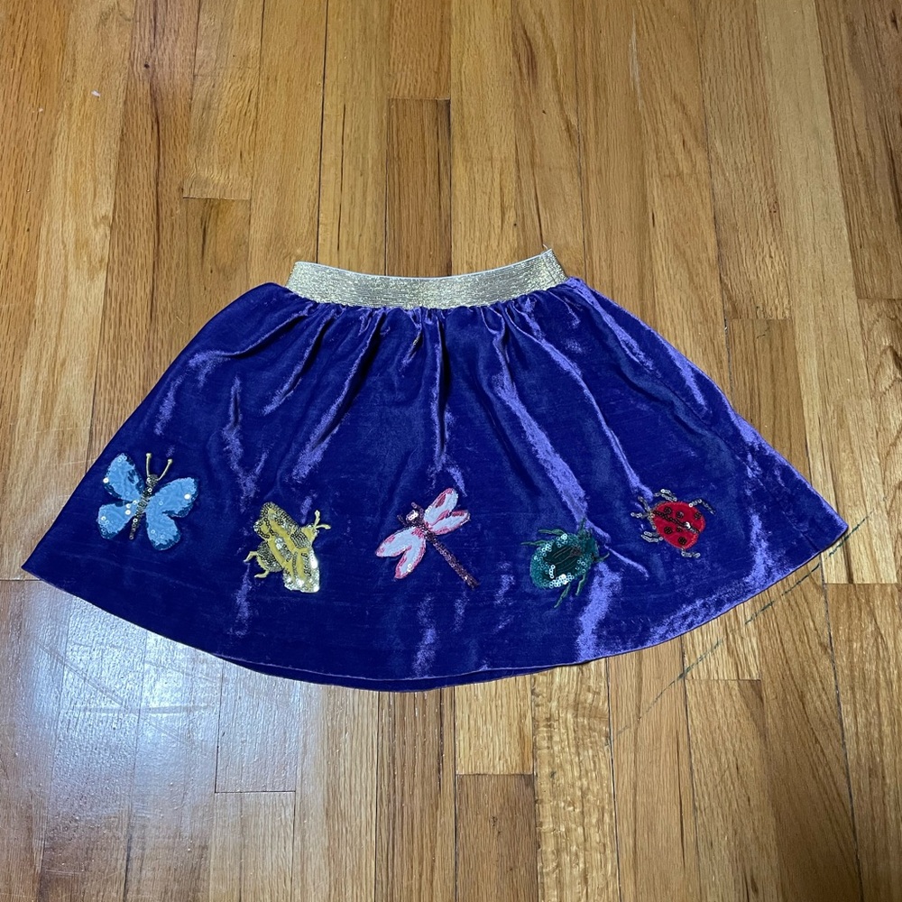 Mini boden 5/6 Purple Velvet Skirt with Insect Embroidery appliqué sequins HTF